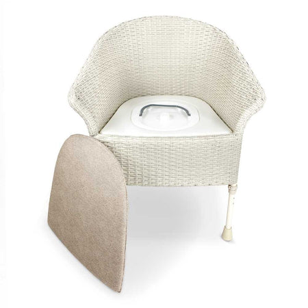 Gordon Ellis Walton Height Adjustable Commode with lid closed, highlighting the padded seat and discreet design.