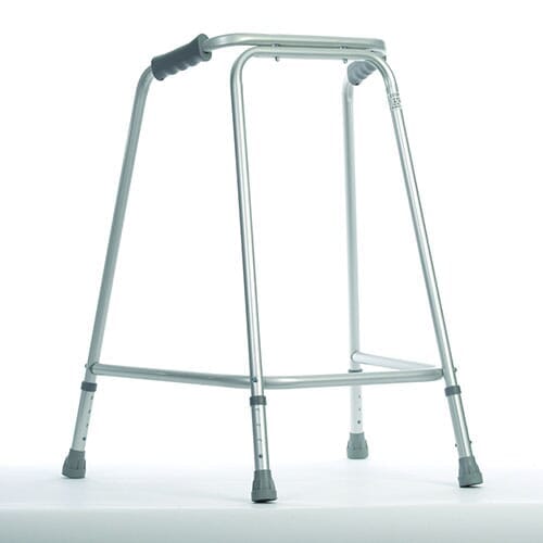 Height Adjustable Walking Frame on a plain background with two front wheels, two rear ferrules and both upper and lower handgrips.
