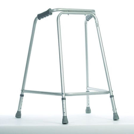 Height Adjustable Walking Frame on a plain background with two front wheels, two rear ferrules and both upper and lower handgrips.