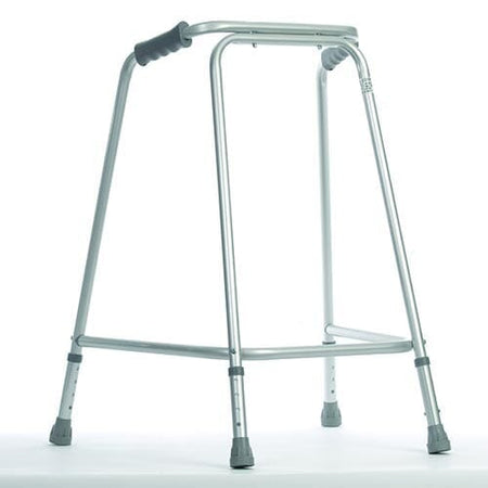 Height Adjustable Walking Frame on a plain background with two front wheels, two rear ferrules and both upper and lower handgrips.