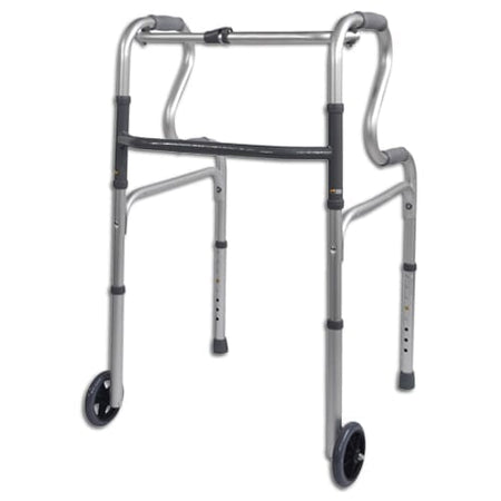 Hi Riser Folding Walking Frame-Wheeled on a plain background with two front wheels, two rear ferrules and both upper and lower handgrips.
