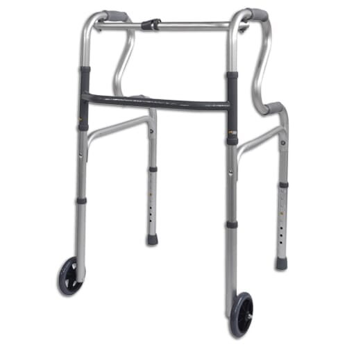 Hi Riser Folding Walking Frame-Wheeled on a plain background with two front wheels, two rear ferrules and both upper and lower handgrips.