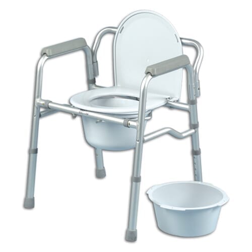 Homecraft Folding Commode Toilet Surround with lid raised showing the open seat and removable commode pan, with supportive arms and adjustable height on a plain background.