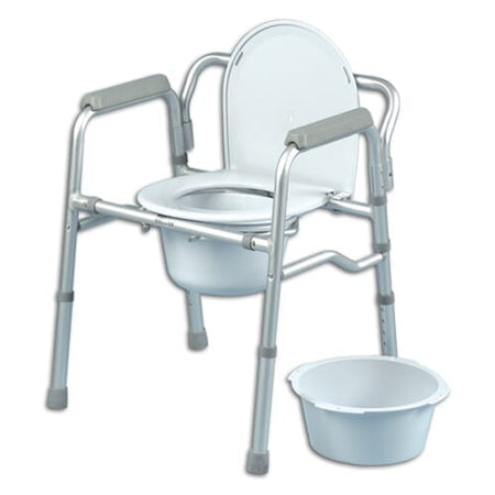 Homecraft Folding Commode Toilet Surround with lid raised showing the open seat and removable commode pan, with supportive arms and adjustable height on a plain background.