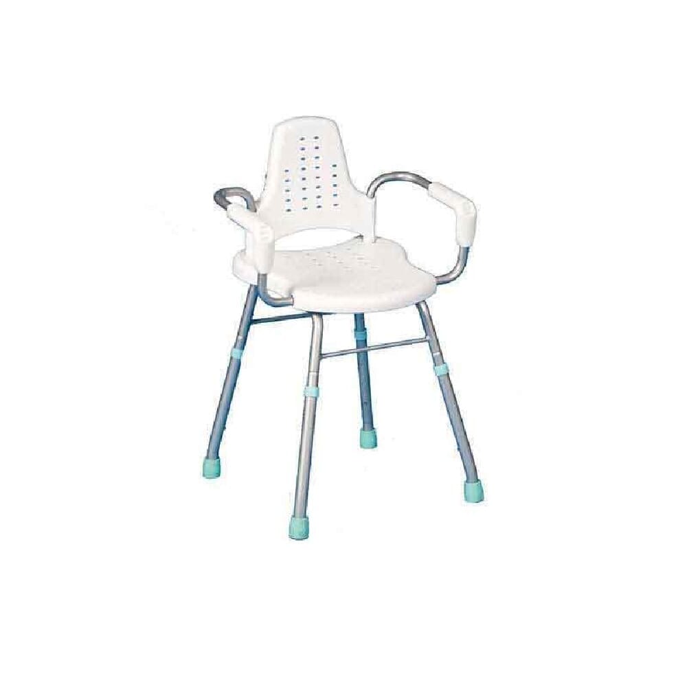 Angled view of Langham Prima Shower Chair with moulded seat, supportive backrest and height-adjustable legs on a plain background.