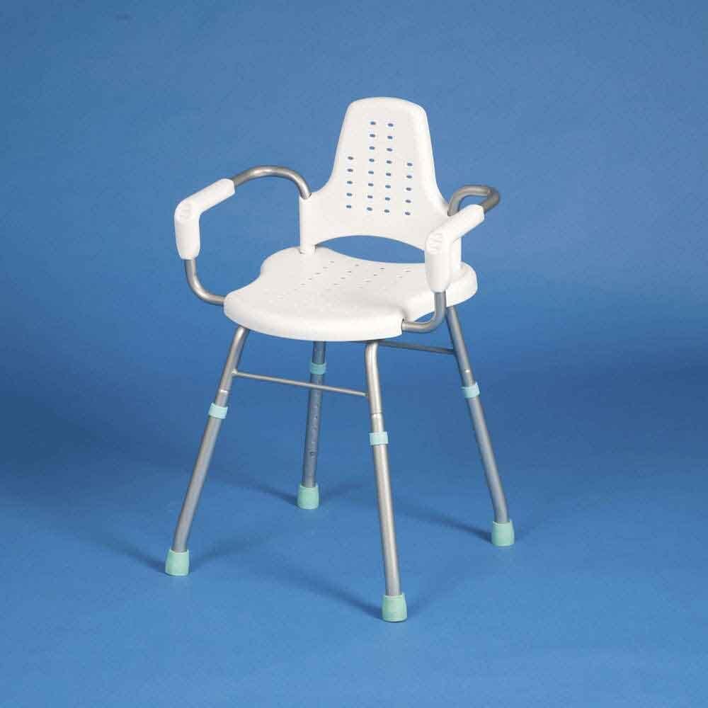 Side view of Langham Prima Shower Chair highlighting the seat height, optional armrests and sturdy aluminium legs.