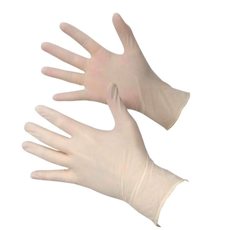 Pair of Latex Disposable Powder-Free Gloves Box of 100 arthritis gloves on a plain background, showing the open-finger design and stretchy fabric.