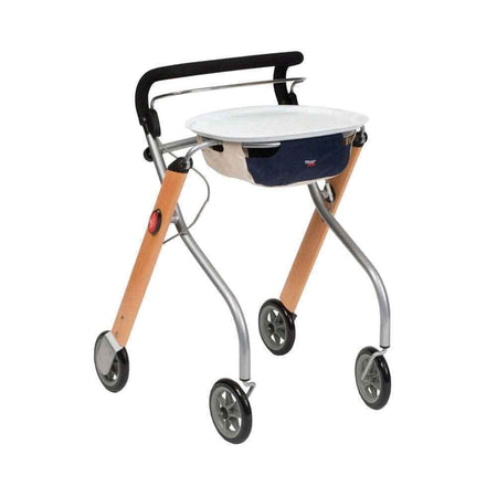 Angled view of Lets Go Indoor Rollator rollator with seat, padded backrest, storage bag and four wheels on a plain background.