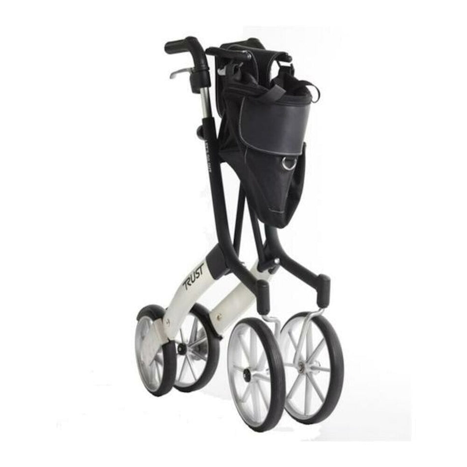 Front view of Lets Go Out Rollator rollator with seat and padded backrest, showing the handlebars and brake cables.