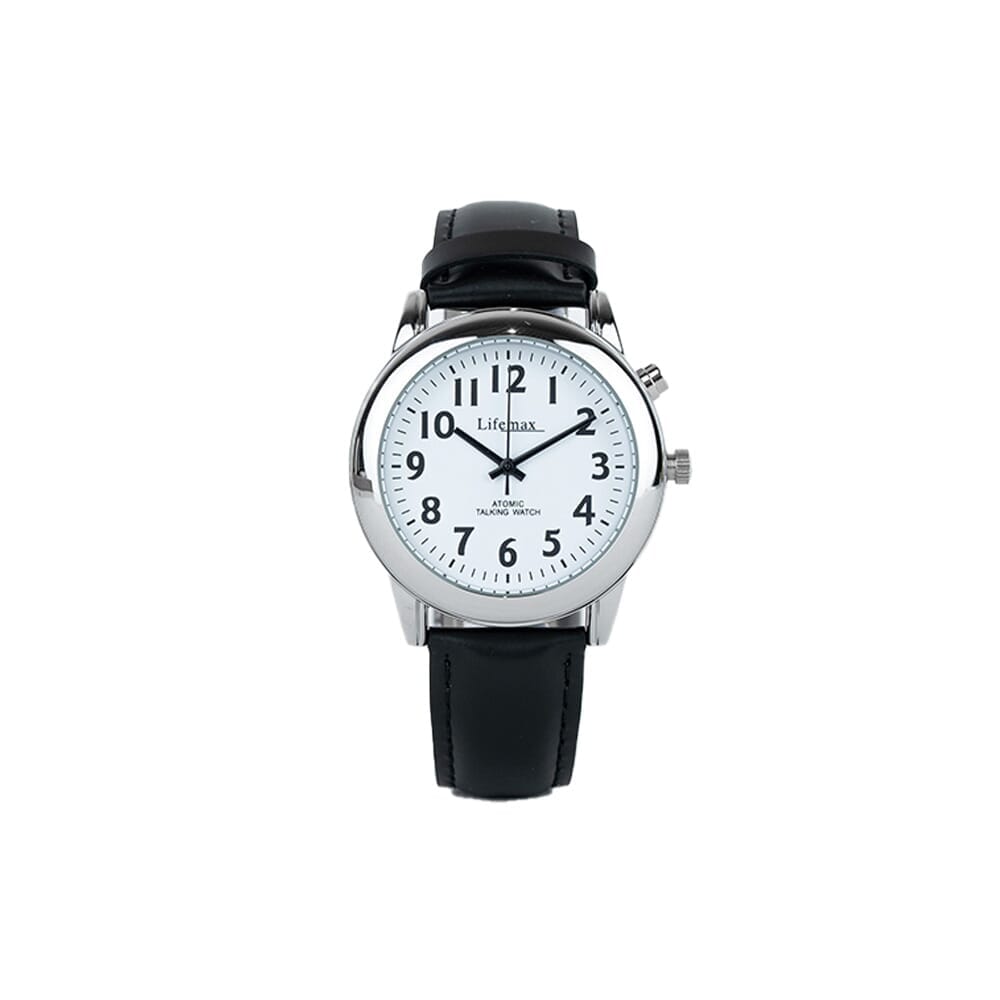 Image of Lifemax Gents Talking Atomic Watch with Leather Strap on a plain background.