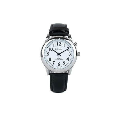 Image of Lifemax Gents Talking Atomic Watch with Leather Strap on a plain background.