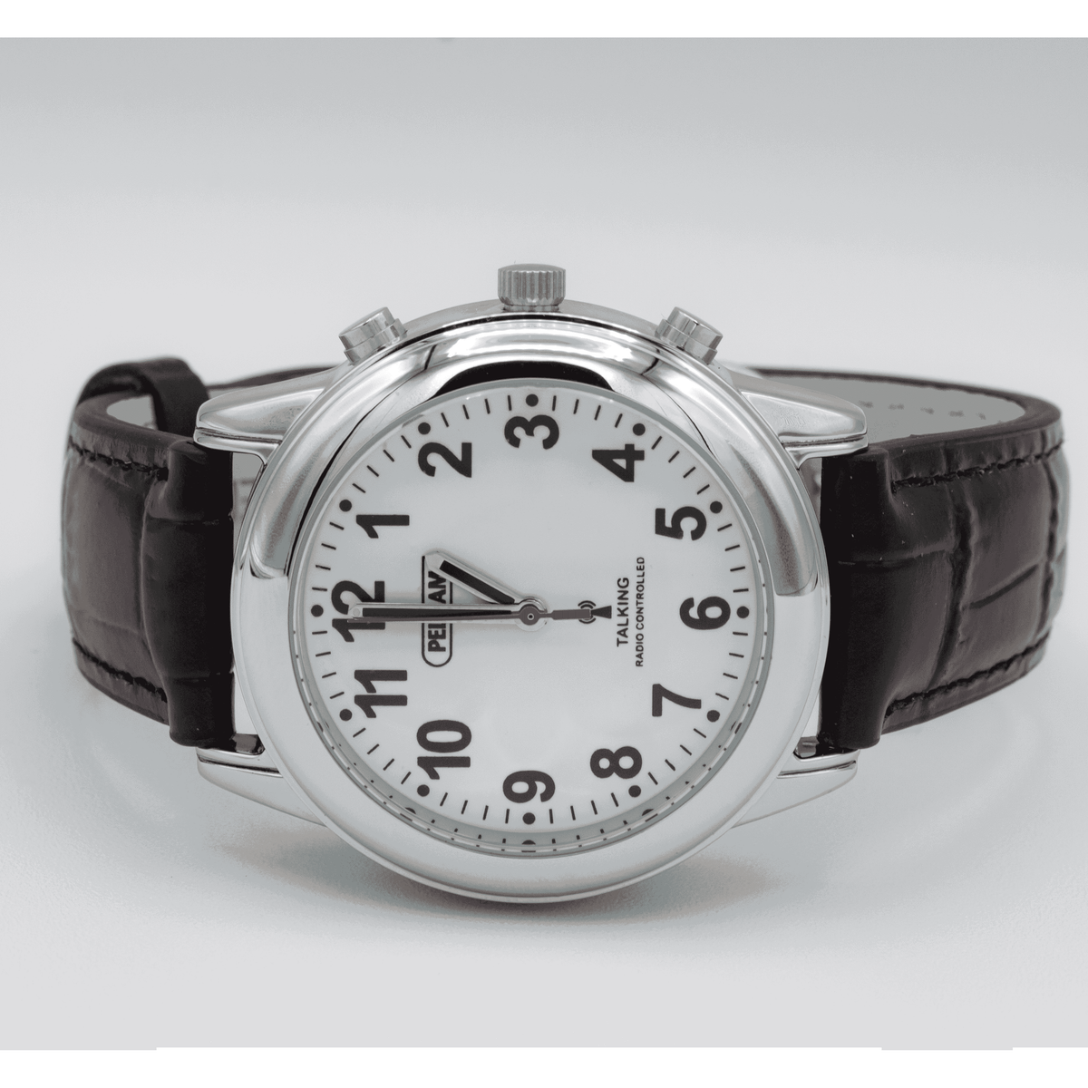 Close-up of a feature of Lifemax Gents Talking Atomic Watch with Leather Strap.