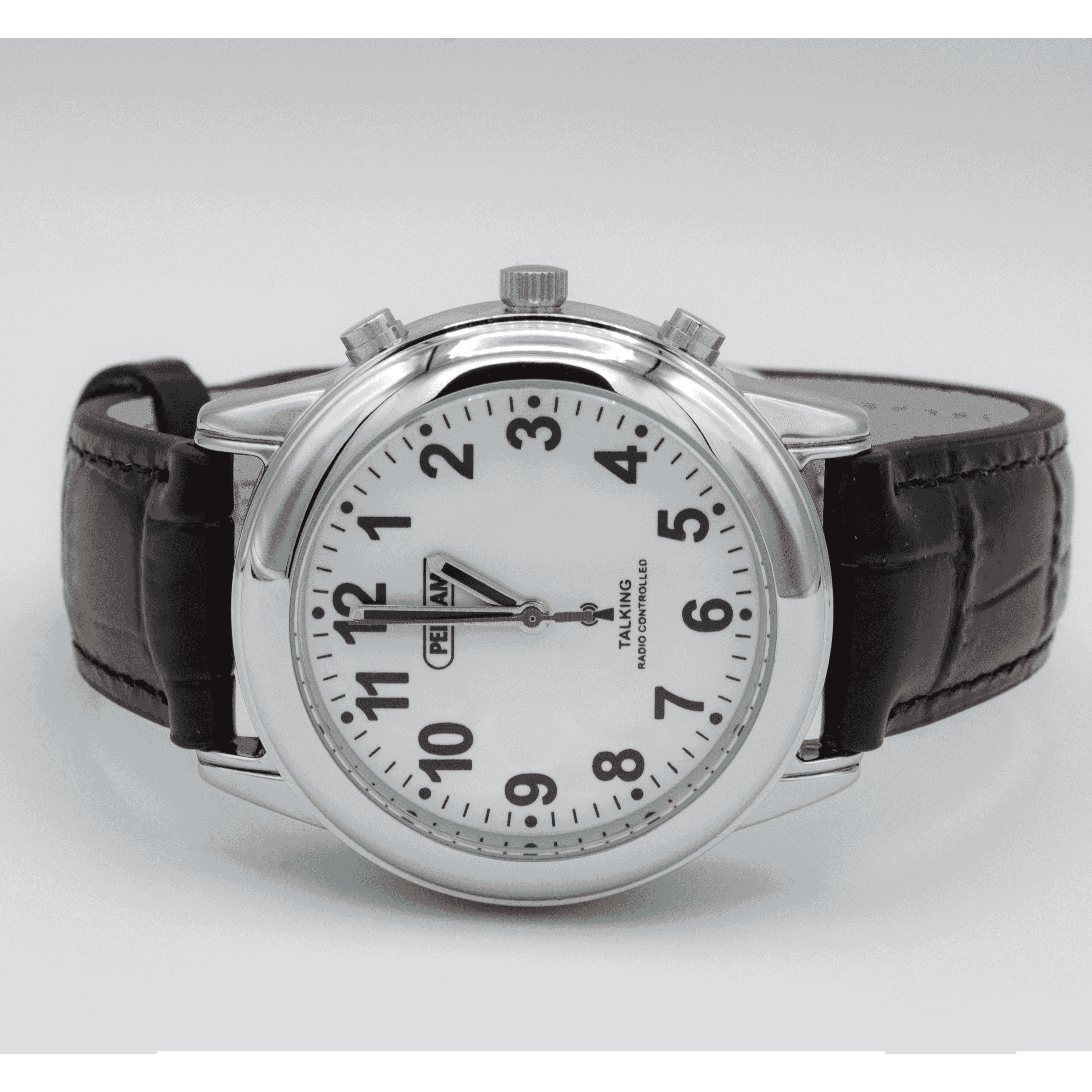 Close-up of a feature of Lifemax Gents Talking Atomic Watch with Leather Strap.