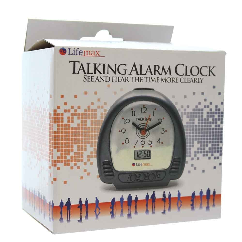 Diagram or packaging of Lifemax Talking Alarm Clock highlighting dimensions or features.