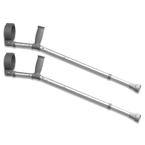 Lightweight Elbow Crutches: single elbow crutch on a plain background with an ergonomic handle, adjustable height and open cuff.