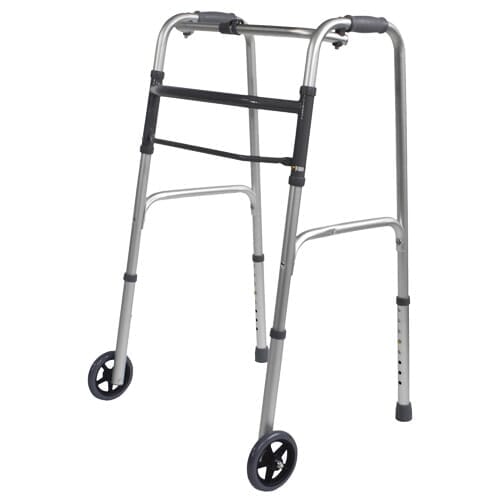 Lightweight Folding Walking Frame on a plain background with two front wheels, two rear ferrules and both upper and lower handgrips.