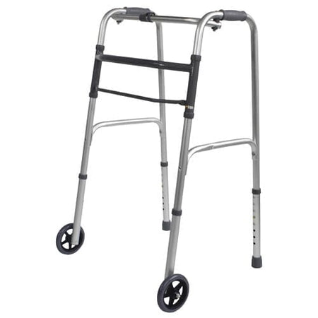 Lightweight Folding Walking Frame on a plain background with two front wheels, two rear ferrules and both upper and lower handgrips.