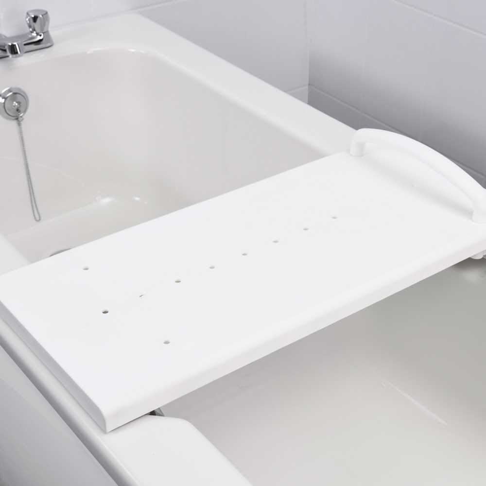Close-up of the textured, slip-resistant surface or drainage holes on Medeci Adjustable Width Bath Board bath board.