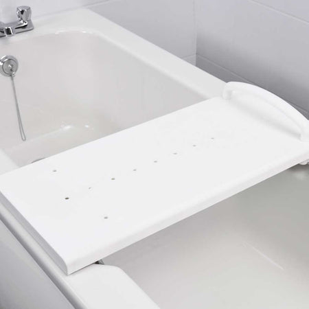 Close-up of the textured, slip-resistant surface or drainage holes on Medeci Adjustable Width Bath Board bath board.