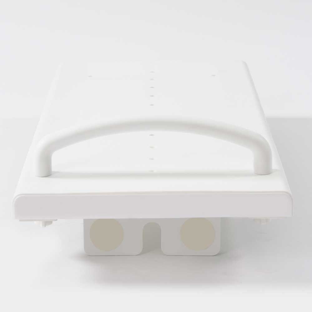 Close-up of the adjustable bracket or clamp on Medeci Adjustable Width Bath Board bath board, showing how it fits securely to the bath.