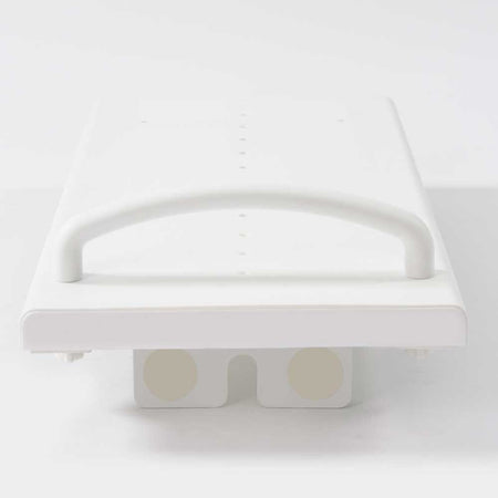 Close-up of the adjustable bracket or clamp on Medeci Adjustable Width Bath Board bath board, showing how it fits securely to the bath.