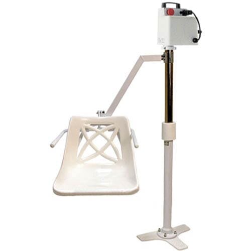 Full view of Mermaid Electric Bath Hoist mobile hoist on a plain background, showing the wheeled base, upright mast and sling attachment.
