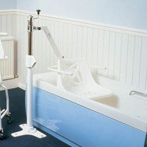 Full view of Mermaid Manual Bath Hoist mobile hoist on a plain background, showing the wheeled base, upright mast and sling attachment.