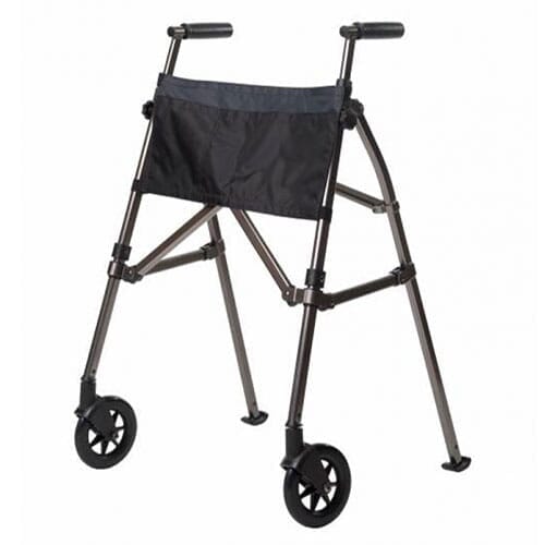 Metro EZ Fold-N-Go Walker on a plain background with two front wheels, two rear ferrules and both upper and lower handgrips.