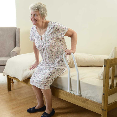 Diagram or packaging of NRS 2-In-1 Bed Rail highlighting dimensions or features.