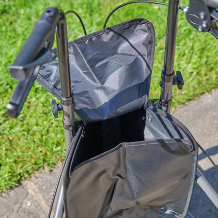 Side view of NRS 3 Wheel Aluminium Rollator three-wheel rollator, highlighting the triangular frame and rear wheels.