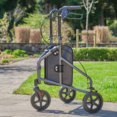 Close-up of the front wheel and fork on NRS 3 Wheel Aluminium Rollator rollator showing manoeuvrability.