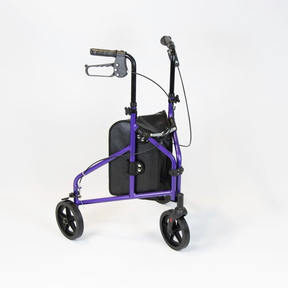 Angled view of NRS 3 Wheel Aluminium Rollator three-wheel rollator with basket or bag on a plain background.