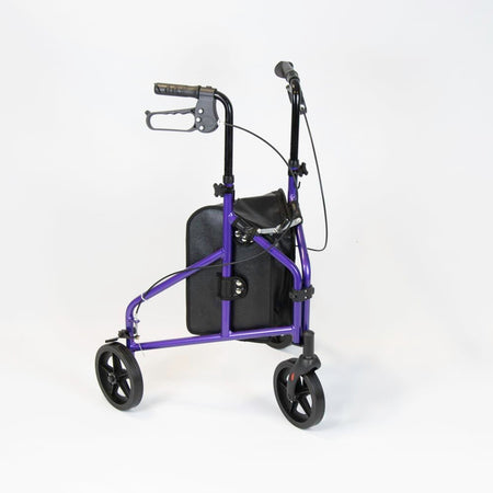 Angled view of NRS 3 Wheel Aluminium Rollator three-wheel rollator with basket or bag on a plain background.