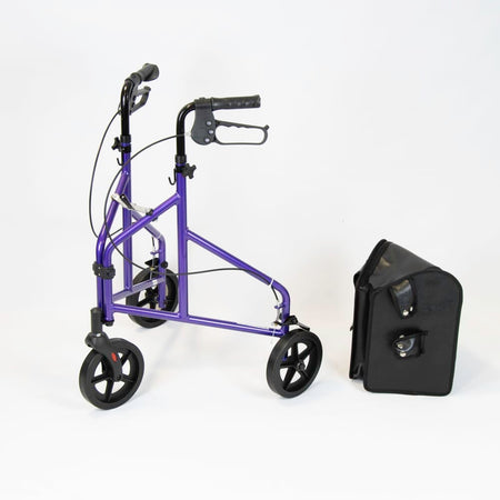 Side view of NRS 3 Wheel Aluminium Rollator three-wheel rollator, highlighting the triangular frame and rear wheels.