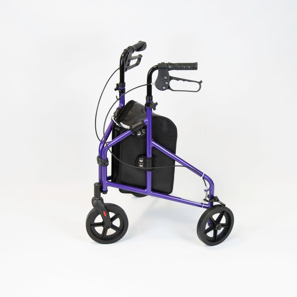 Close-up of the front wheel and fork on NRS 3 Wheel Aluminium Rollator rollator showing manoeuvrability.