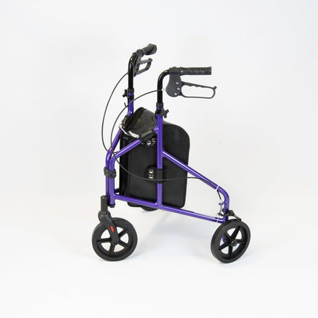 Close-up of the front wheel and fork on NRS 3 Wheel Aluminium Rollator rollator showing manoeuvrability.