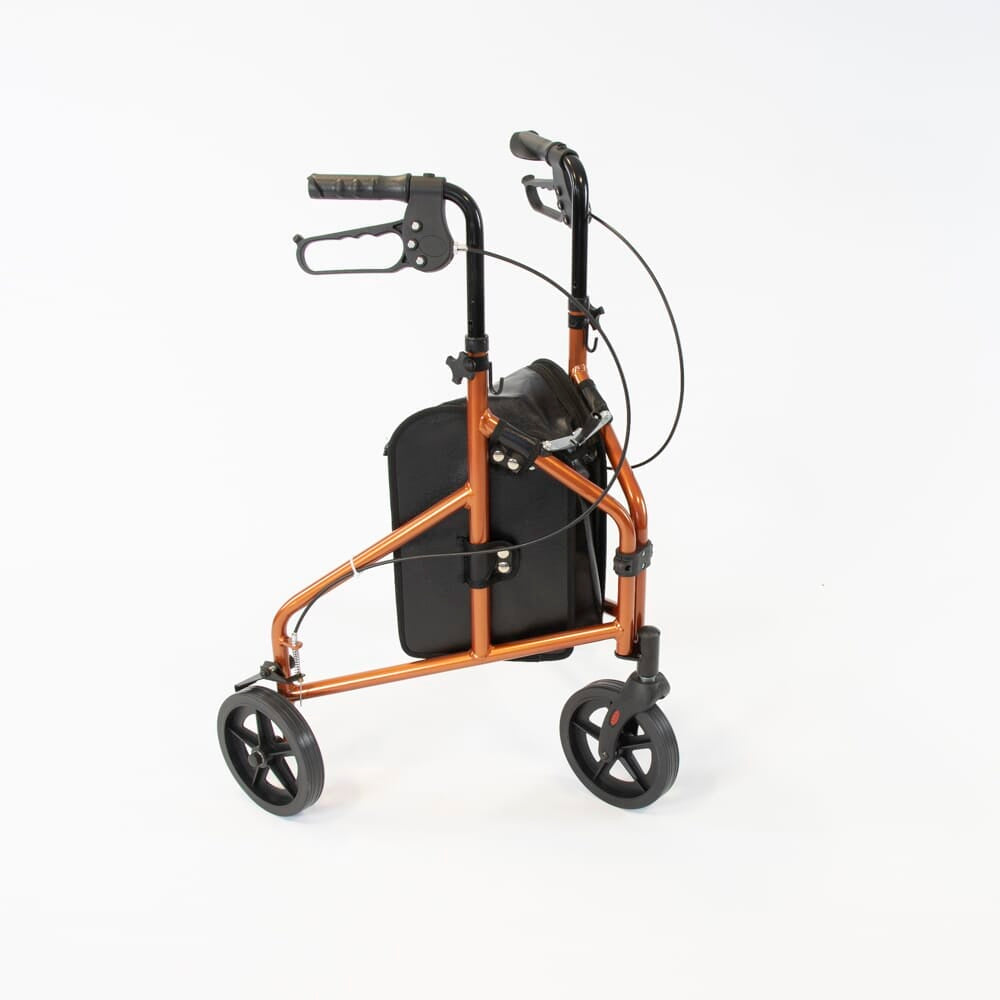 Angled view of NRS 3 Wheel Aluminium Rollator three-wheel rollator with basket or bag on a plain background.