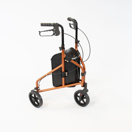 Angled view of NRS 3 Wheel Aluminium Rollator three-wheel rollator with basket or bag on a plain background.