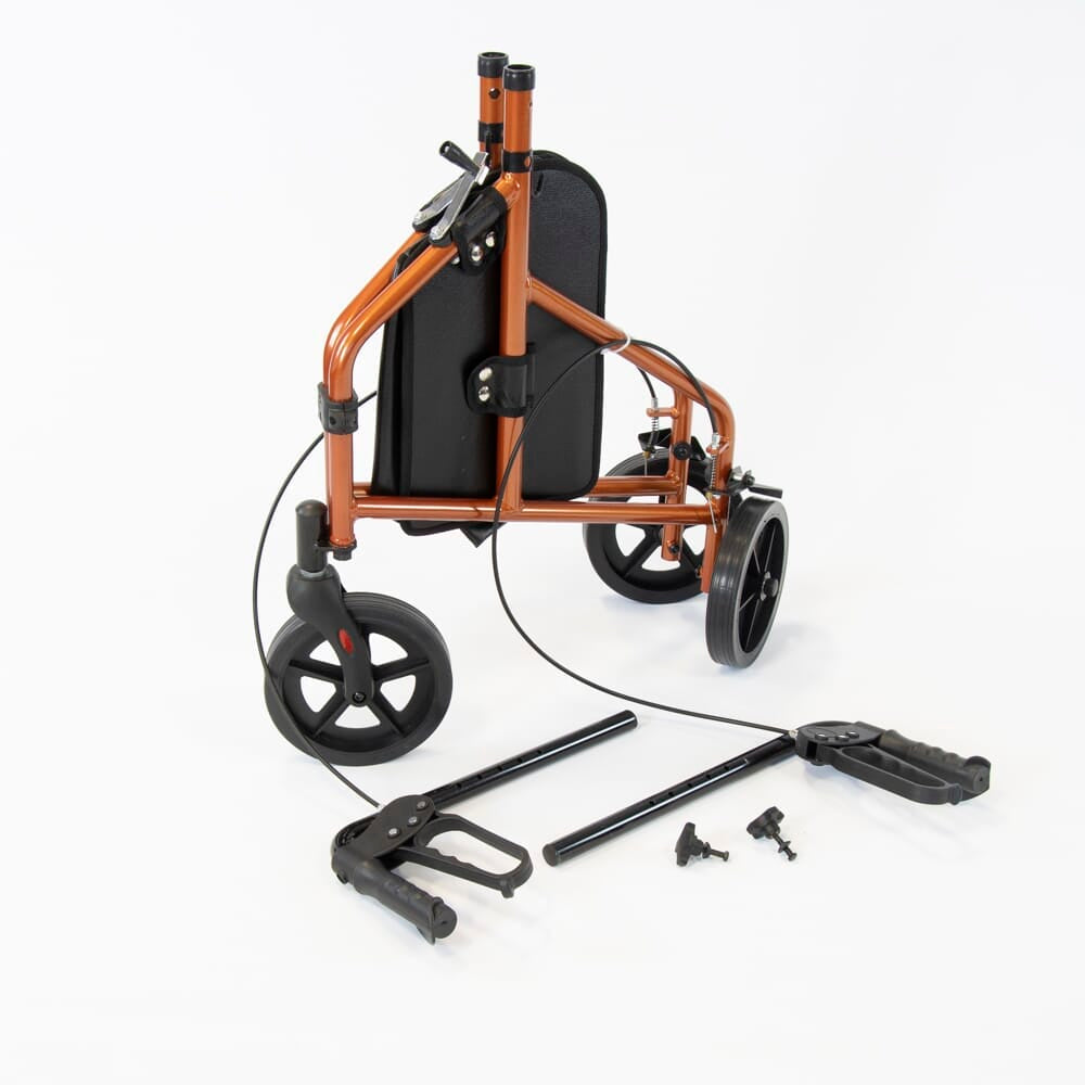 Front view of NRS 3 Wheel Aluminium Rollator three-wheel rollator showing handlebars, brake cables and single front wheel.