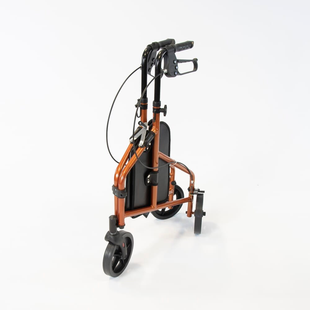 Side view of NRS 3 Wheel Aluminium Rollator three-wheel rollator, highlighting the triangular frame and rear wheels.
