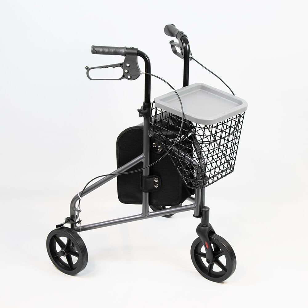 Angled view of NRS 3 Wheel Aluminium Rollator with Basket Tray three-wheel rollator with basket or bag on a plain background.