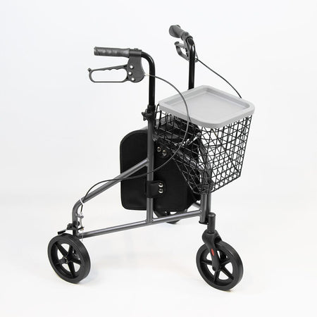 Angled view of NRS 3 Wheel Aluminium Rollator with Basket Tray three-wheel rollator with basket or bag on a plain background.