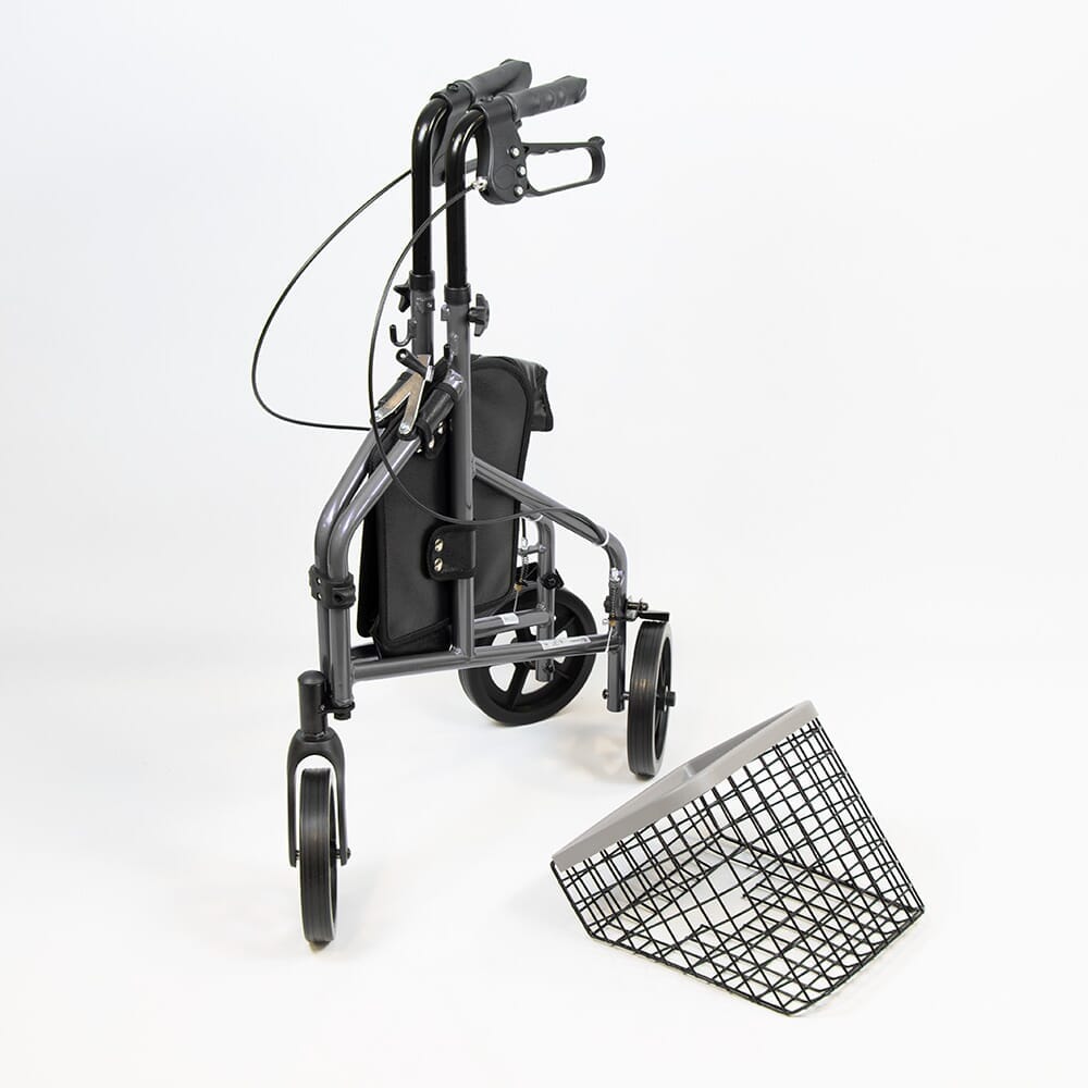 Front view of NRS 3 Wheel Aluminium Rollator with Basket Tray three-wheel rollator showing handlebars, brake cables and single front wheel.