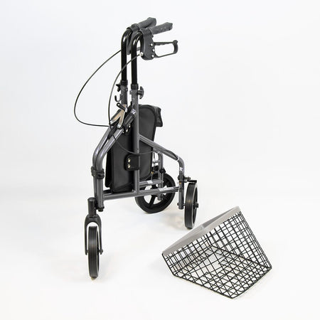 Front view of NRS 3 Wheel Aluminium Rollator with Basket Tray three-wheel rollator showing handlebars, brake cables and single front wheel.