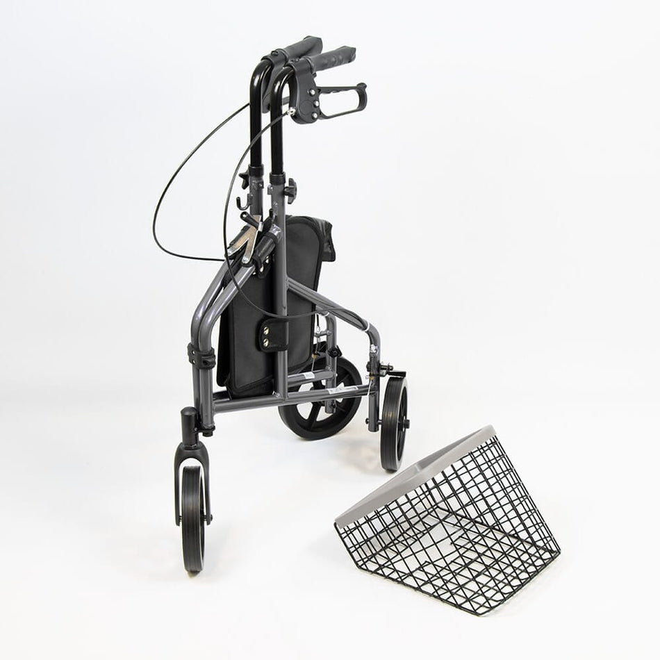 Front view of NRS 3 Wheel Aluminium Rollator with Basket Tray three-wheel rollator showing handlebars, brake cables and single front wheel.