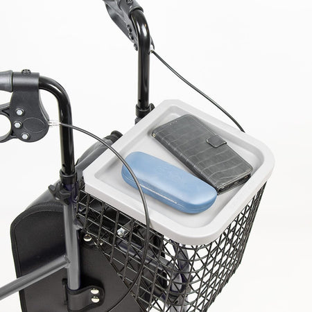 Side view of NRS 3 Wheel Aluminium Rollator with Basket Tray three-wheel rollator, highlighting the triangular frame and rear wheels.