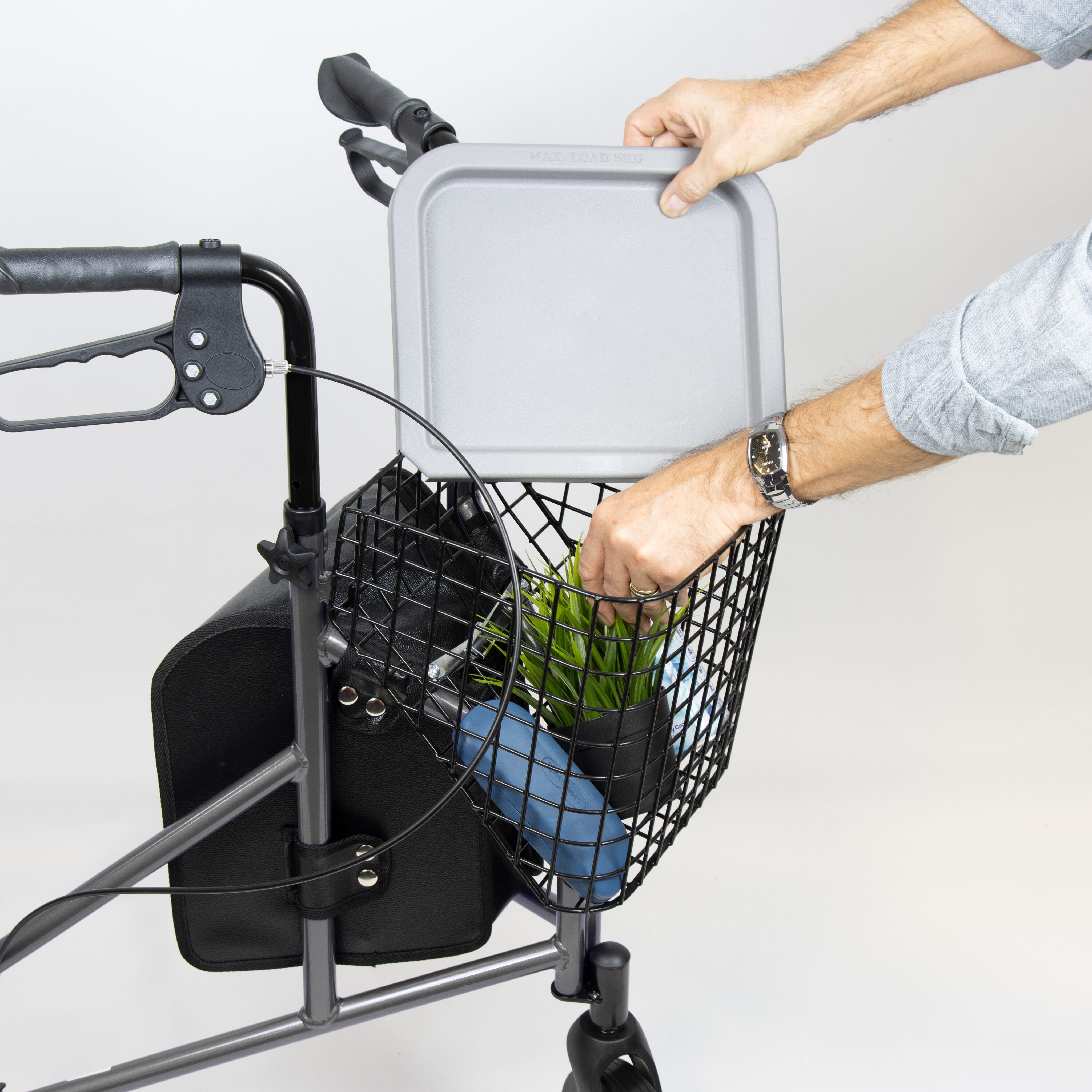 NRS 3 Wheel Aluminium Rollator with Basket Tray three-wheel rollator folded for storage, showing its compact design.