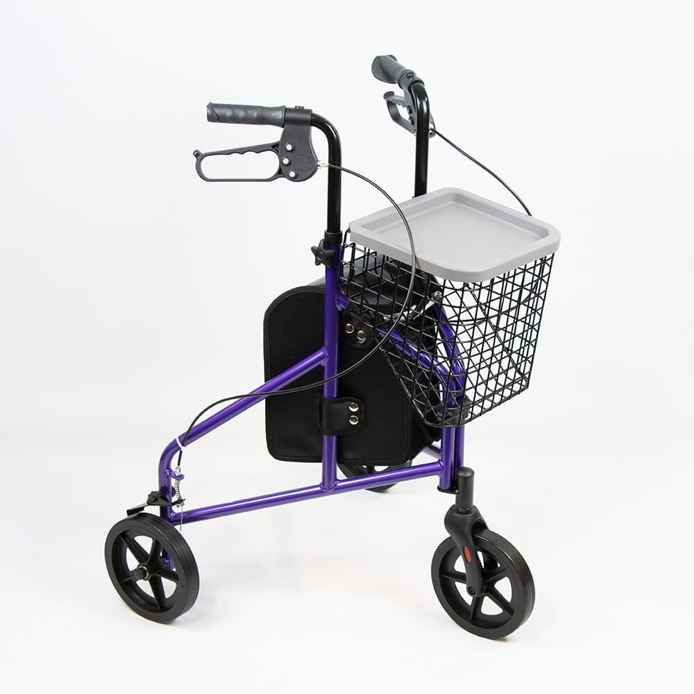 Angled view of NRS 3 Wheel Aluminium Rollator with Basket Tray three-wheel rollator with basket or bag on a plain background.