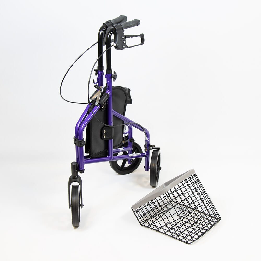Front view of NRS 3 Wheel Aluminium Rollator with Basket Tray three-wheel rollator showing handlebars, brake cables and single front wheel.
