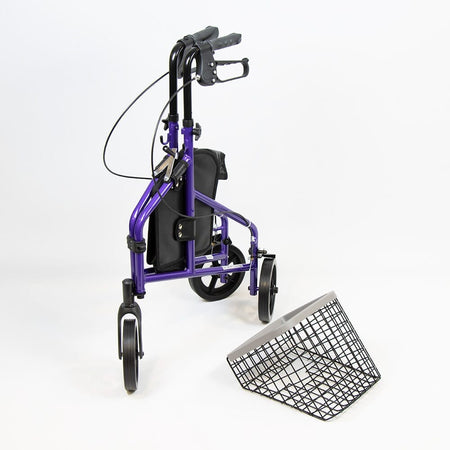 Front view of NRS 3 Wheel Aluminium Rollator with Basket Tray three-wheel rollator showing handlebars, brake cables and single front wheel.